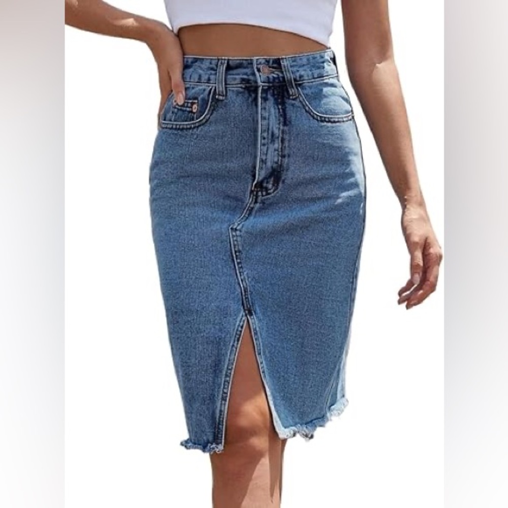 Blue Knee-Length Pencil Skirt with Slit